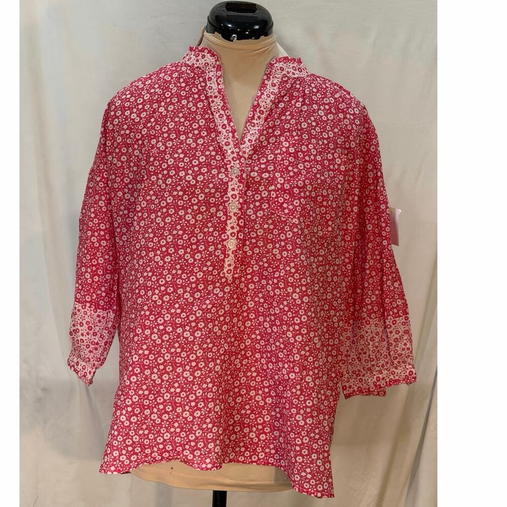 Tuckernuck Ditsy Floral Popover Blouse | Split Neck | Contrast Trim | Size S